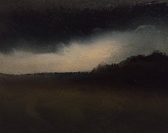 May include: A dark landscape painting with a cloudy sky. The sky is a dark blue with a light blue cloud in the center. The landscape is a dark green with a line of trees in the distance.