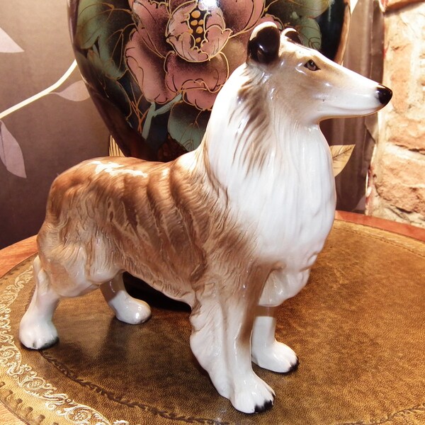 Vintage Collie Dog Pottery Figurine, Large Rough Collie Lassie Figure by COPER CRAFT Circa 1960's