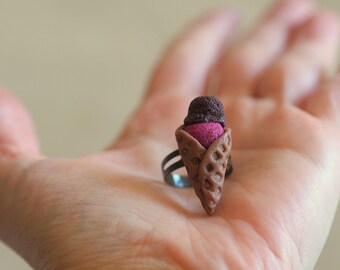 Gelato Ring, Clay Ice Cream Ring, Beachwear Summer Rings, Adjustable Food Ring Dessert, Chocolate Ice Cream Cone Jewelry, Clay Food Jewelry