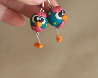 Quirky Earrings Dangle, Chicken Novelty Earrings, Chicken Dangle Earrings, Funny Bird Earrings, Colorful Earrings Easter, Clay Jewelry Girl