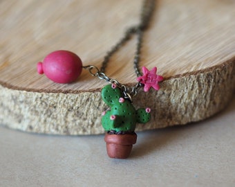 Prickly Pear Cactus Necklace, Potted Plant Jewelry, Mexican Clay Cactus Jewelry, Cactus Balloon Necklace, Chain Necklace Personalized Letter
