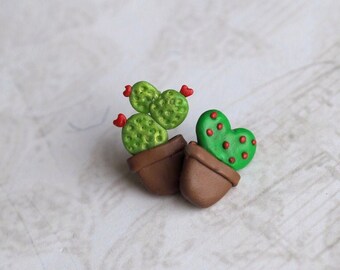 Cactus Polymer Clay Earrings, Prickly Pear Jewelry, Mismatched Studs Earrings, Potted Plant Earrings, Clay Cactus Earrings, Desert Jewelry