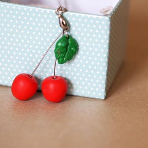 Handmade Cherry Necklace, Long Fruit Pendant Jewelry, Polymer Clay Cherry Charm, Cute Kawaii Gift Her, Whimsical Statement Necklace Summer