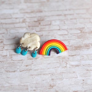 Rainbow and Cloud Earrings – Mismatched Weather Jewelry, Handmade Clay Studs, Whimsical Rain Cloud & Rainbow Gift, Colorful Polymer Earrings