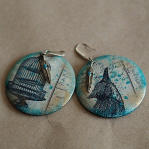 Mismatched Bird and Birdcage Earrings – Handmade Statement Dangle Jewelry with Feather Charm – Whimsical Woodland Boho Turquoise Earrings