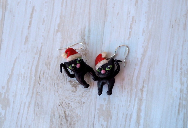 Earrings Christmas Cat Christmas Black Cat Earrings Cat Etsy