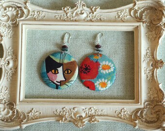 Rosina Wachtmeister Cat Earrings, Decoupage Earrings Cat Poppies, Mismatched Earrings Dangle, Boho Round Wood Earrings, Wooden Beads Earring