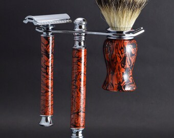 Handcrafted lava stone and red copper shaving set