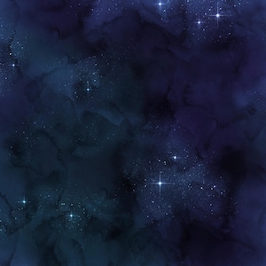 May include: A deep navy blue and dark indigo watercolor texture featuring a celestial night sky theme. The surface displays soft, blended washes of dark pigment with scattered white star-like points and bright, glowing four-pointed stars.