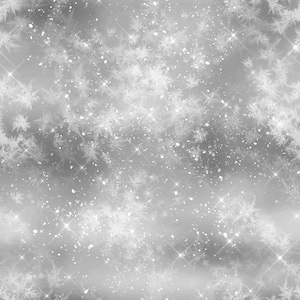 May include: A seamless digital pattern featuring white, intricate snowflake and frost crystal designs scattered across a gradient silver and gray background, accented with small, bright white starbursts and sparkling light reflections throughout.