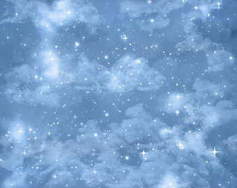 May include: A digital pattern featuring a night sky filled with soft, wispy blue clouds and numerous bright white stars of varying sizes. The composition displays a repeating celestial theme with glowing points of light scattered across a muted blue background, creating a dense, atmospheric, and ethereal visual texture throughout the entire frame.