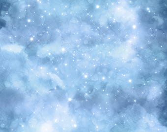May include: A digital illustration featuring a celestial sky with varying shades of blue, soft cloud-like textures, and numerous white twinkling stars of different sizes scattered across the composition to create a starry night effect.