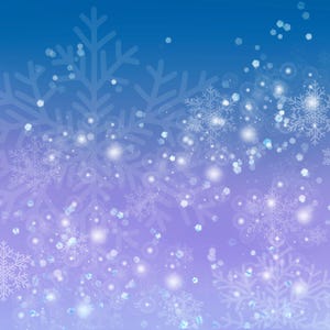 May include: A digital graphic background featuring a gradient from deep blue at the top to a lighter violet at the bottom, overlaid with various sizes of white snowflake silhouettes and scattered glowing light bokeh particles.