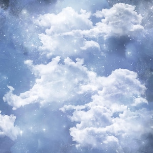 May include: A digital print featuring fluffy white clouds set against a deep blue, ethereal sky filled with scattered, twinkling stars. The composition displays a layered arrangement of soft, billowy cloud formations with varying shades of blue.