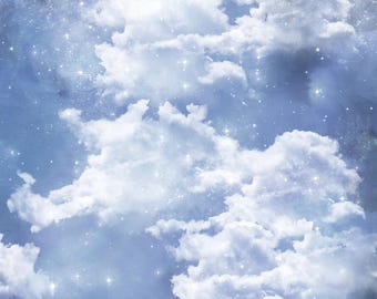 May include: A digital print featuring fluffy white clouds set against a deep blue, ethereal sky filled with scattered, twinkling stars. The composition displays a layered arrangement of soft, billowy cloud formations with varying shades of blue.