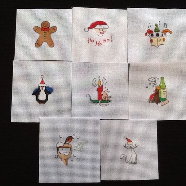 Set of 8 *Completed Cross Stitch-Xmas Motiff / Card Topper Bundle - Ideal for Card Makers