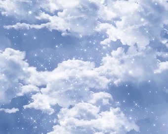 May include: A digital graphic background featuring fluffy white clouds scattered across a soft blue sky. The image is overlaid with numerous small, bright white four-pointed star sparkles that create a shimmering effect throughout the composition.