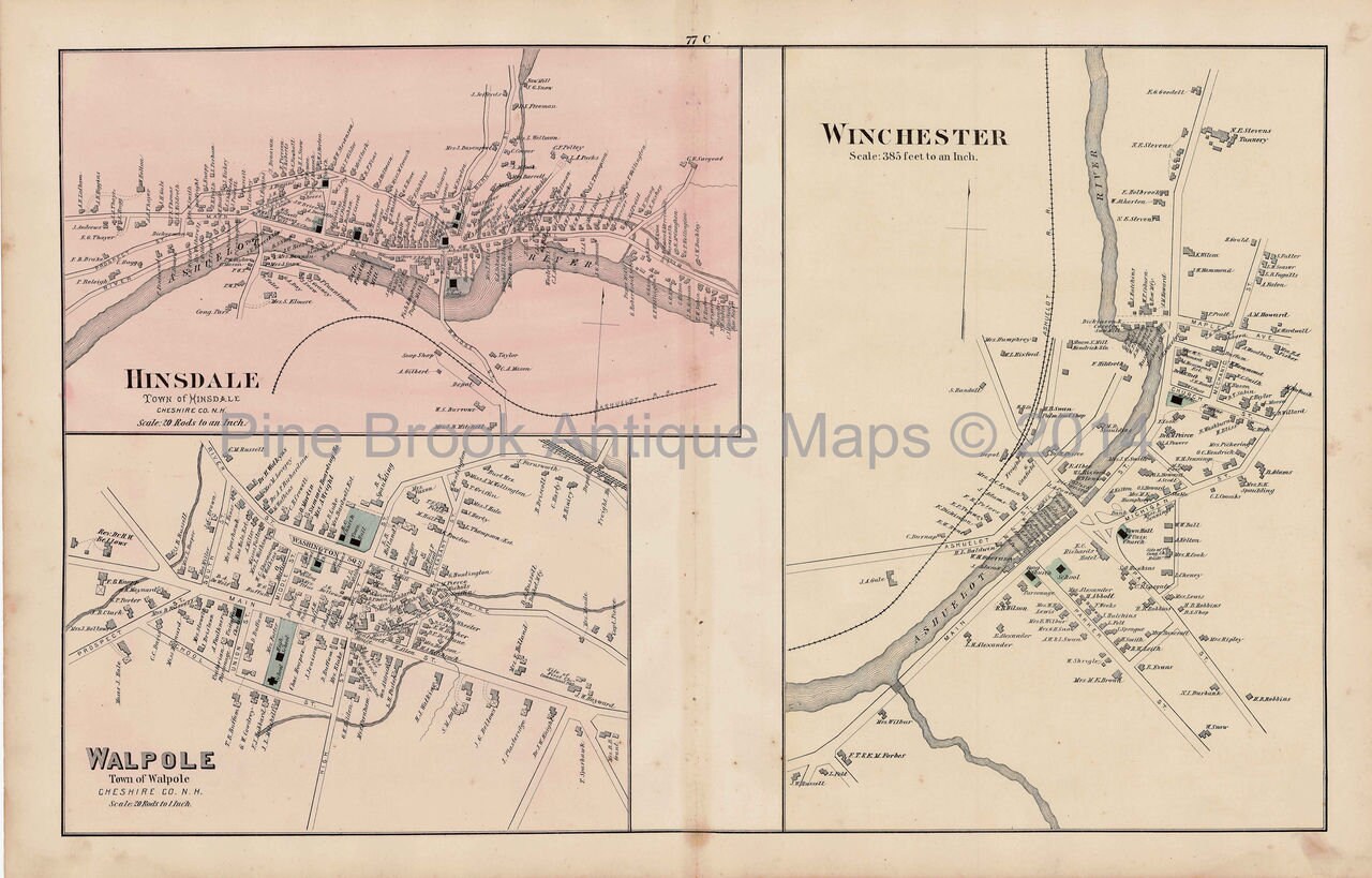 Hinsdale Walpole Winchester New Hampshire Antique Map Etsy