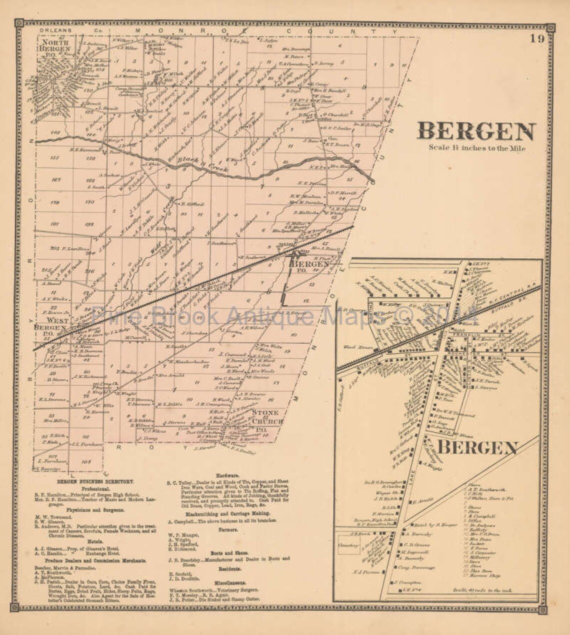 Bergen New York Antique Map Original Decor History Anniversary Etsy