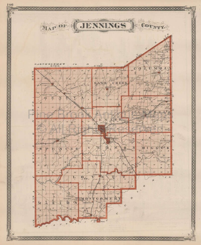 Jennings County Indiana Vintage Map Baskin 1876 Original Etsy
