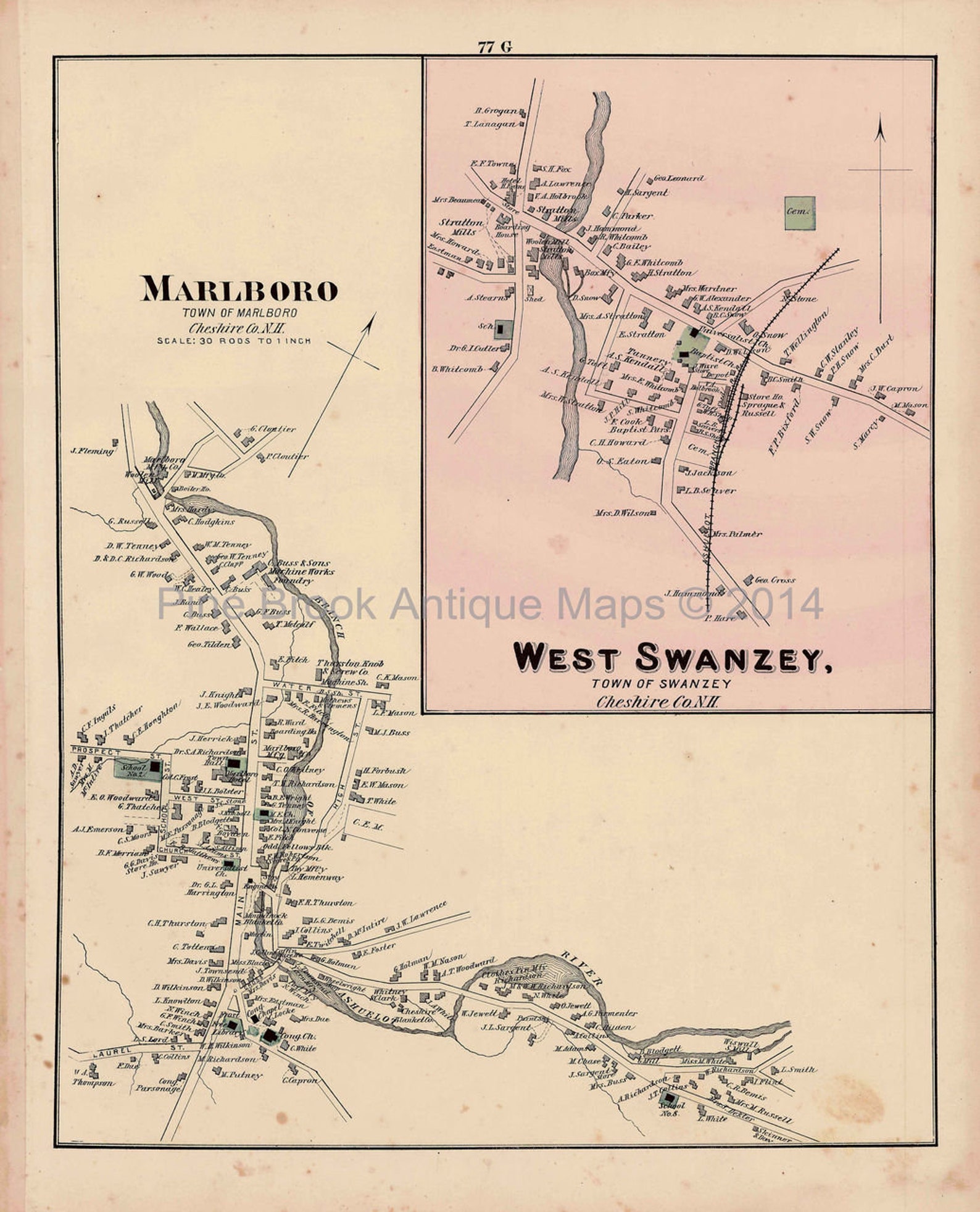 Marlboro West Swanzey New Hampshire Antique Map Authentic Etsy