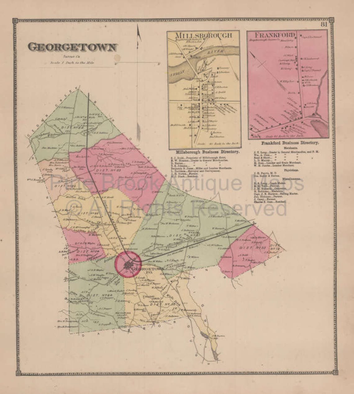 Town of Delaware Antique Map Beers 1868 Original Etsy