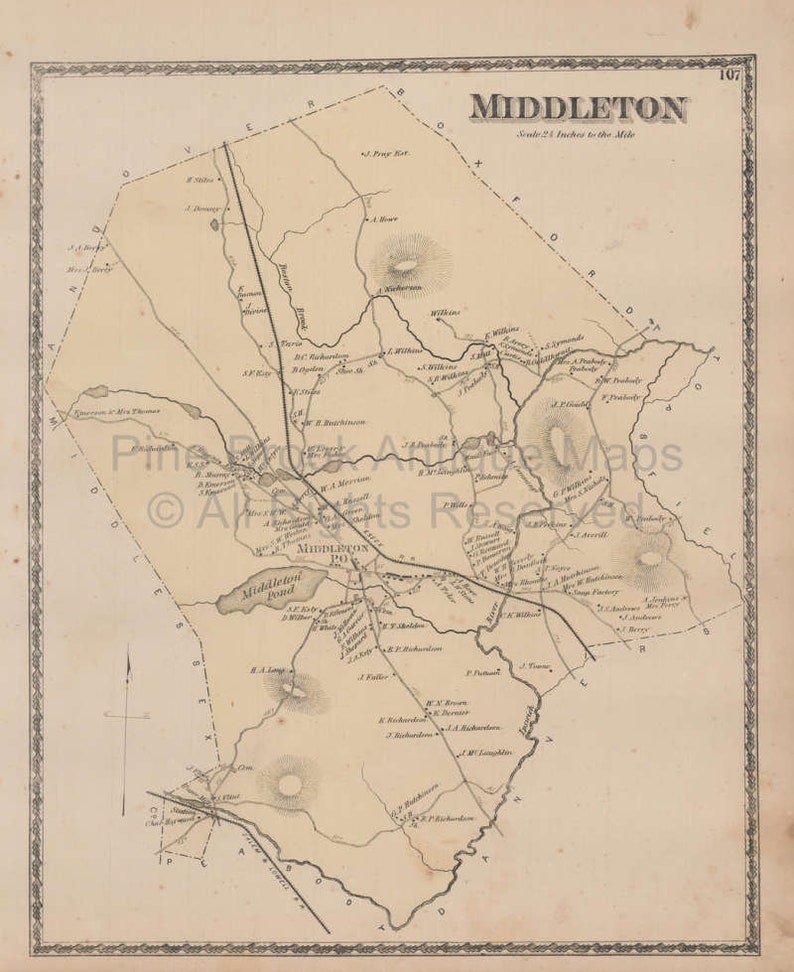Middleton Massachusetts Vintage Map Beers 1872 Original Etsy