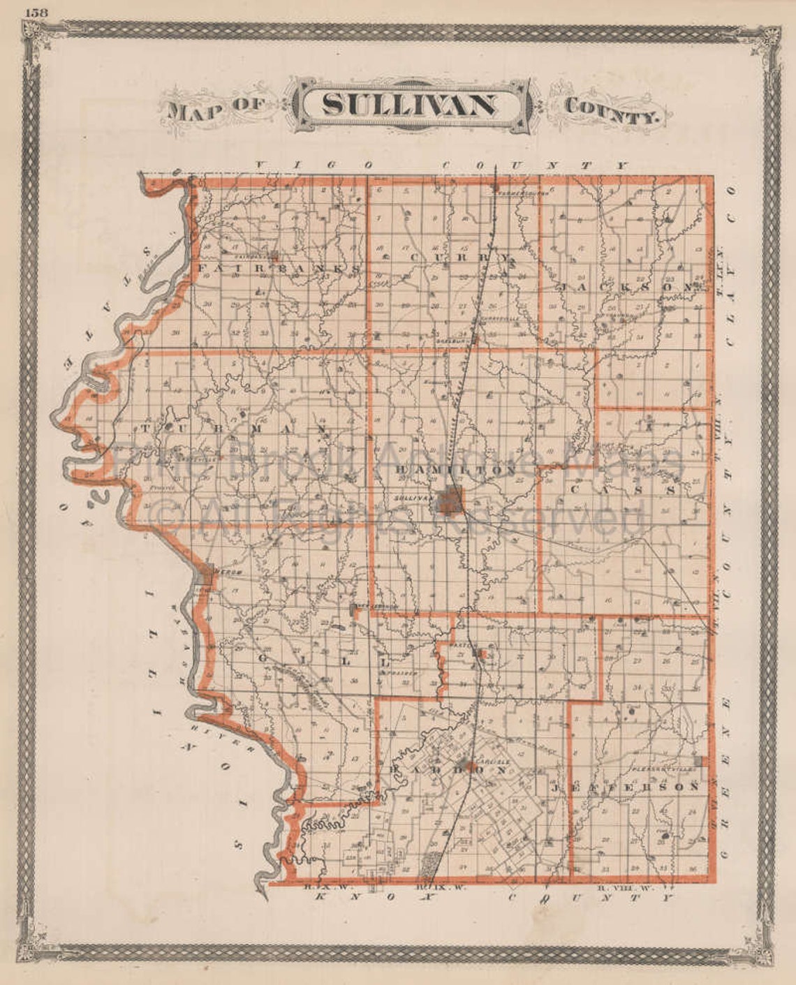 Knox Sullivan County Indiana Vintage Map Baskin 1876 Original Etsy