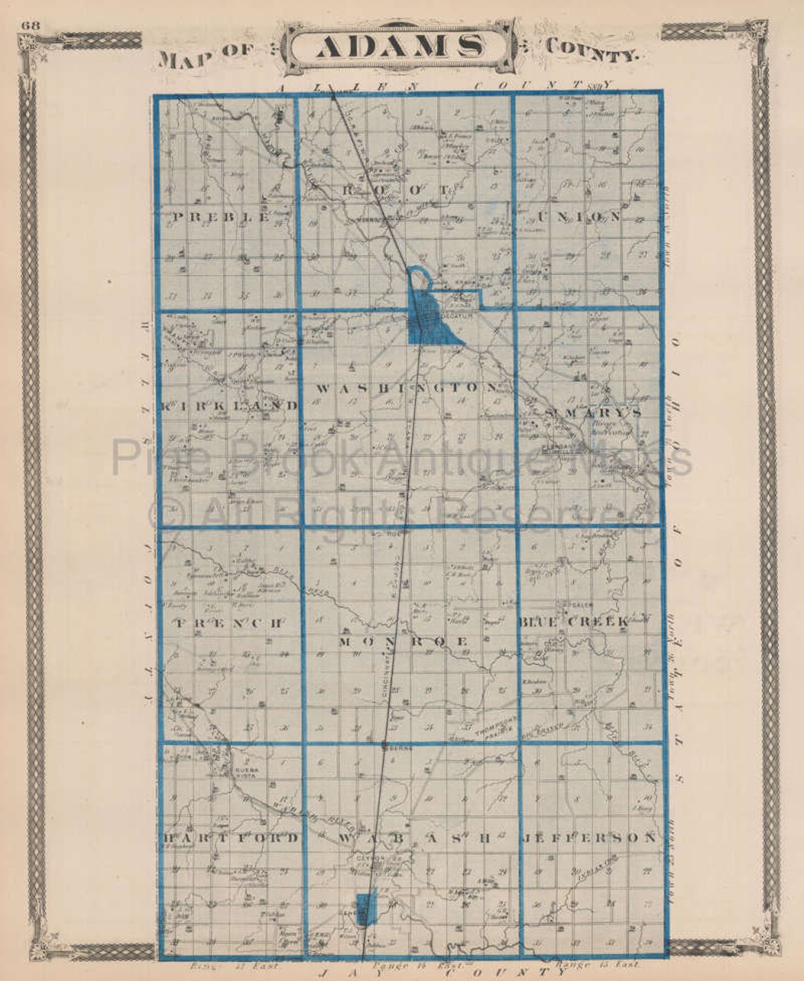 Wells Adams County Indiana Vintage Map Baskin 1876 Original Etsy