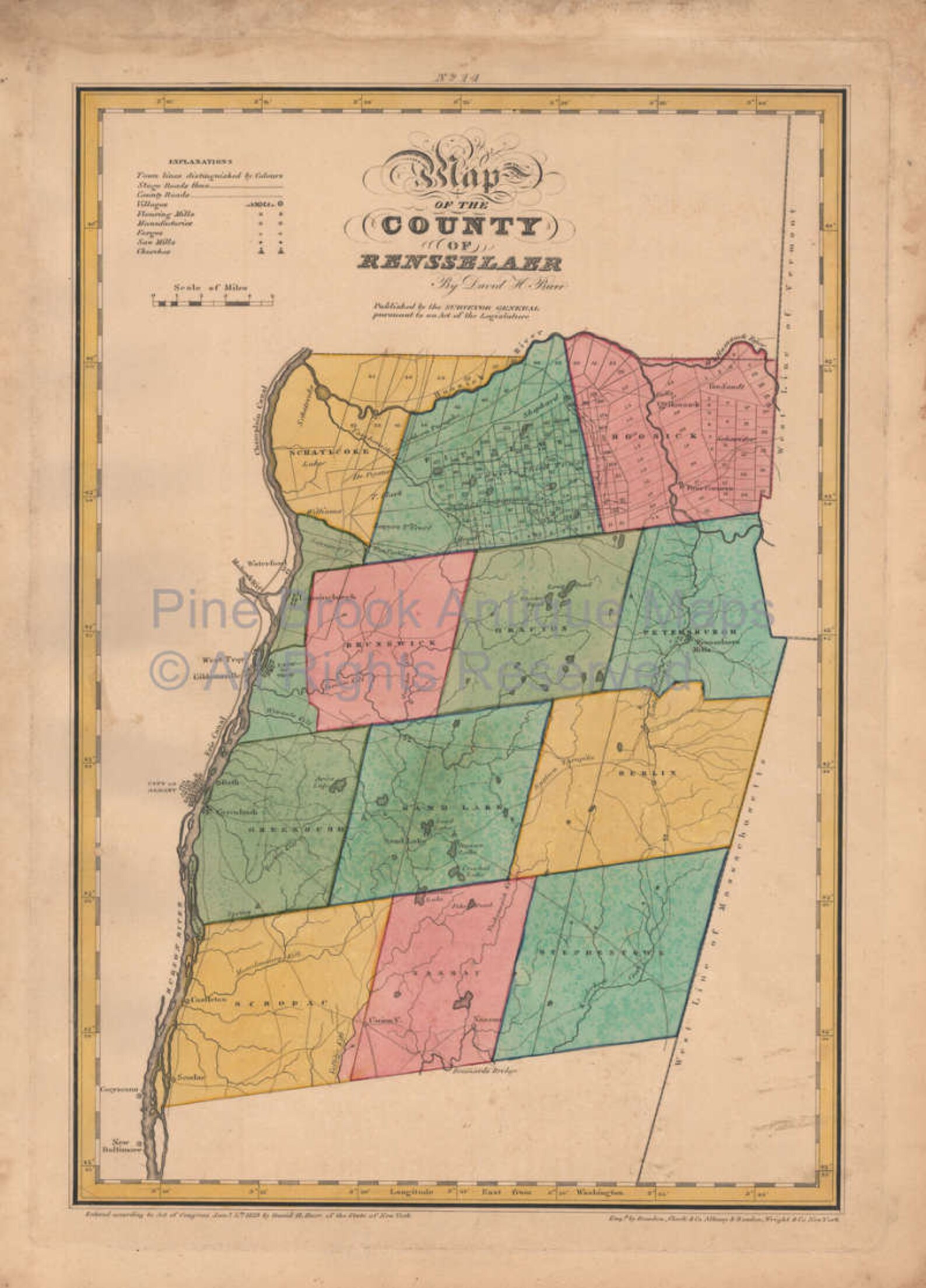 Rensselaer County New York Antique Map Original NY Decor Etsy