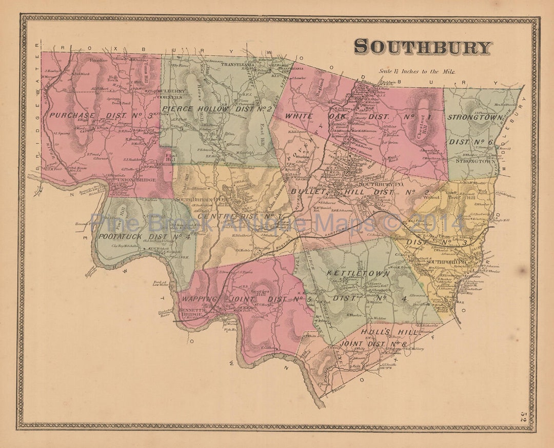 Southbury Connecticut Antique Map Authentic New Haven Decor Etsy