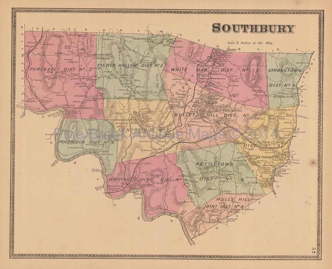 Southbury Connecticut Antique Map Authentic New Haven Decor Etsy