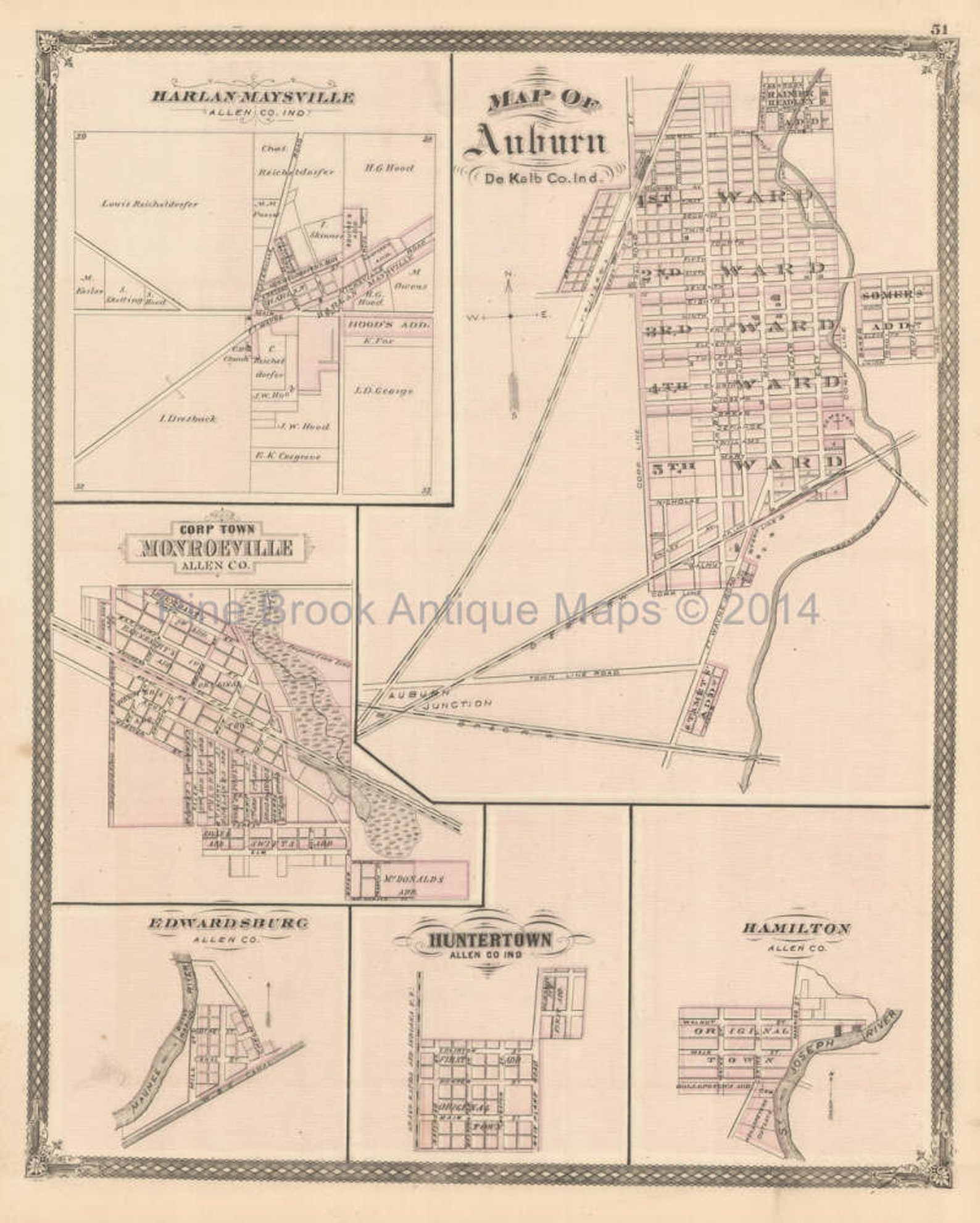 Auburn Monroeville Fulton County Indiana Antique Map Authentic Etsy