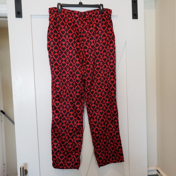 Playboy Red Satin Pajama Pants with Bunny Logo and Hearts Print