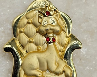 Vintage "AJC" Cat Brooch, Vintage Cat on a Throne Brooch, Rhinestone Brooch, Silver and Gold Tone Metal Brooch, American Jewelry Company Pin