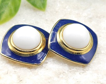 Vintage Daria Clip On Earrings, Faux Pearl, White Blue and Gold Tone