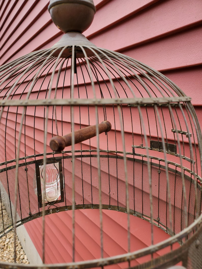 Antique Bird Cage/ Tin Metal with Glass Feeders/ bounce hook/ Etsy