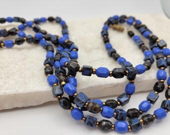 Vintage Stone Beaded necklace.  Blue and Black Vintage Barrel Clasp, 23 Inches, STUNNING!