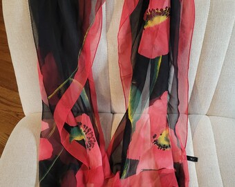 Large Vintage Silk Sheer Scarf , 50" x 16", Country Casuals, Red Poppy Flowers