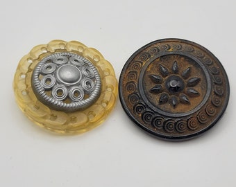 2 Antique Buttons, Rustic Heavy Metal and vintage Plastic,  Various Sizes