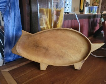 Vintage Wooden Pig Serving Tray, Hand Carved