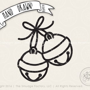 May include: Black and white line art illustration of two jingle bells hanging from a ribbon. The text "HAND DRAWN!" is in a banner above the bells.