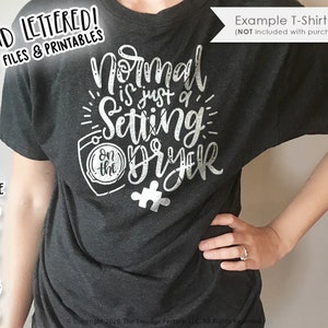 May include: A gray t-shirt with the text "Normal is just a setting on the dryer" in white lettering. The text is in a handwritten style and includes a graphic of a dryer setting knob.