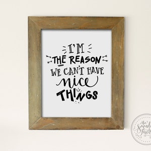 May include: A framed print with a white background and black text that reads "I'm the reason we can't have nice things".