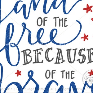 Patriotic Printable File, Land Of The Free DIY Print, Because Of The Brave, July 4th Decoration, Hand Lettered Wall Art, Red White and Blue image 3