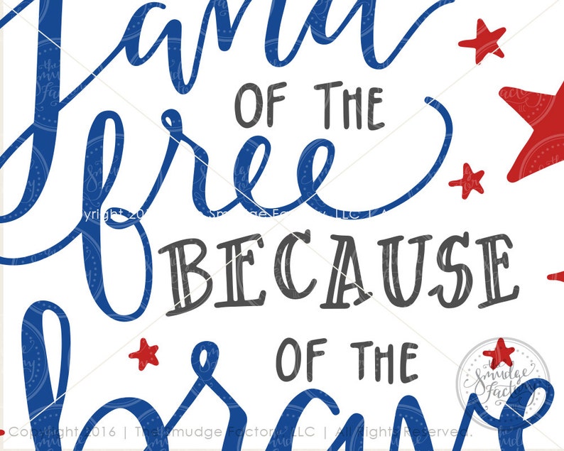 Patriotic Printable File, Land Of The Free DIY Print, Because Of The Brave, July 4th Decoration, Hand Lettered Wall Art, Red White and Blue image 3