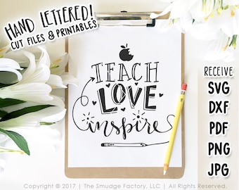 Lehrer SVG, DXF-Datei, Teach, Love Inspire, Hand beschriftete SVG-Datei schneiden, Apple Grafik Overlay, Lehre Bleistift Clipart, Geschenk für Lehrer