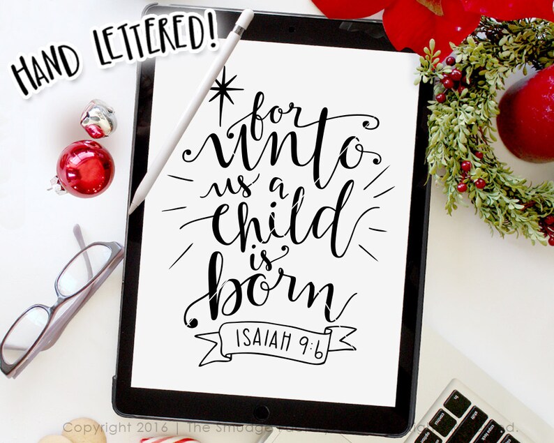 For Unto Us A Child Is Born Printable Isaiah, Christmas Wall Art Print, Holiday Clip Art Download, Calligraphy, DIY Sign, Graphic Overlay image 4