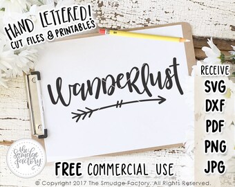 May include: A digital download of a hand-lettered design featuring the word "Wanderlust" with an arrow pointing to the right. The design is in black and white and includes the text "HAND LETTERED! CUT FILES & PRINTABLES" and "FREE COMMERCIAL USE".