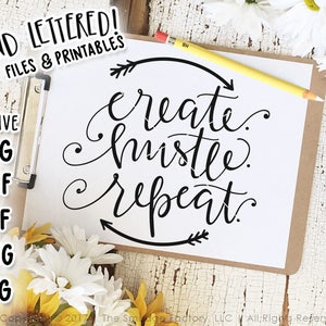 May include: A white sheet of paper with black text that reads "create hustle repeat" in a handwritten font. The text is surrounded by a black circle with arrows pointing in opposite directions. The paper is on a clipboard with a brown background.